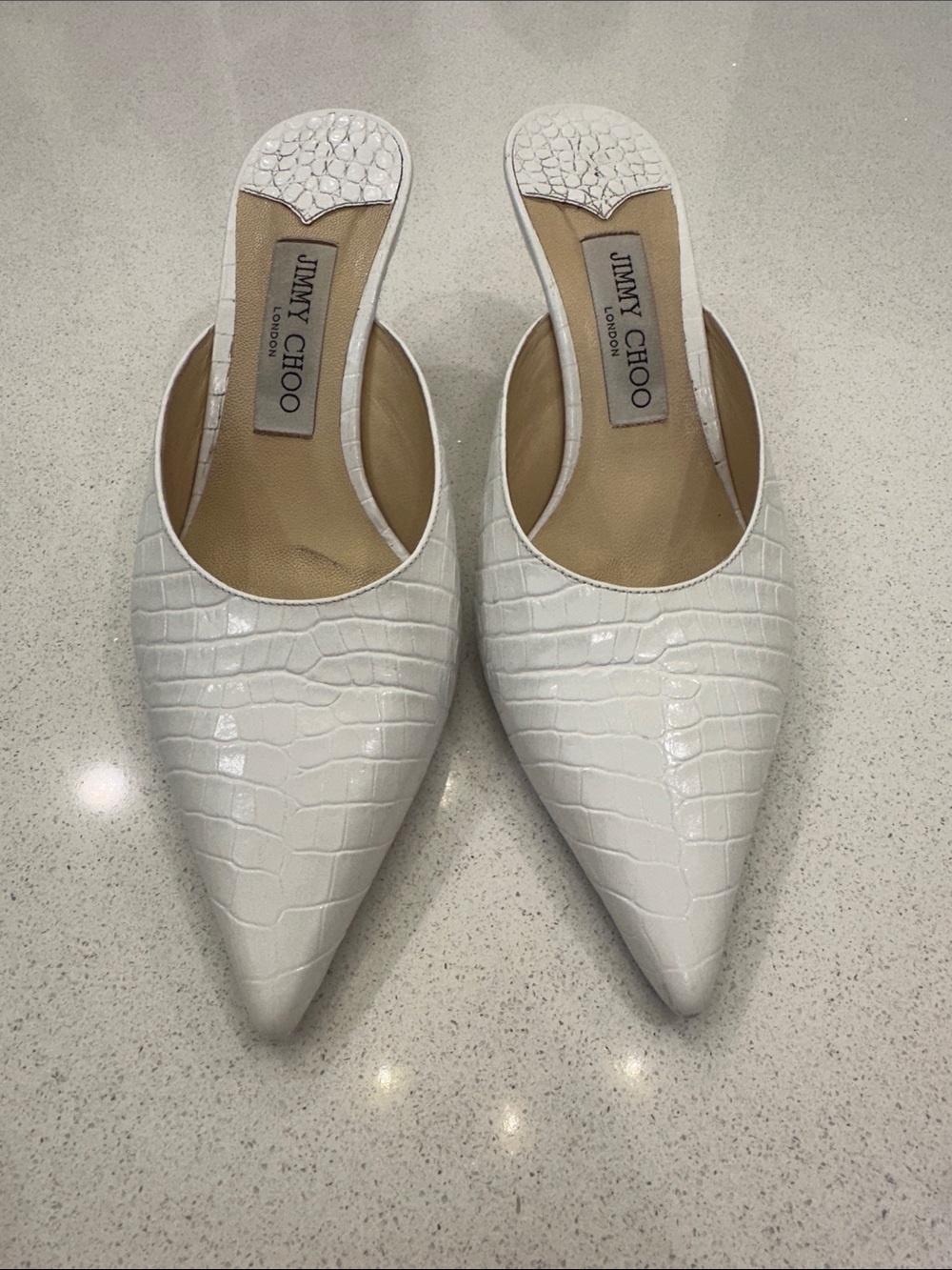 Jimmy Choo White Croc-Embossed Pointed Mule Slides Size 39